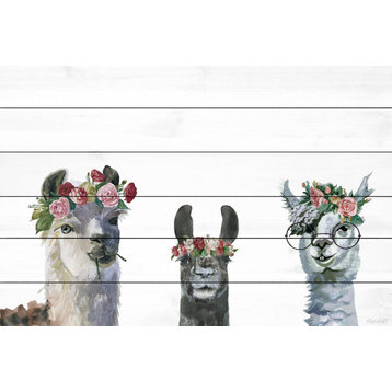 "Flower-Crowned Llamas" Painting Print on White Wood, 24x16