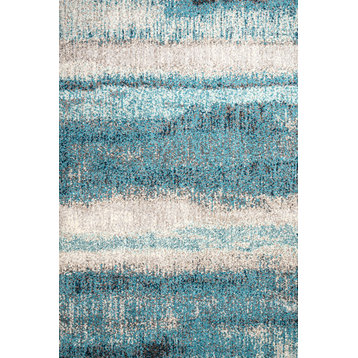 Contemporary POP Modern Abstract Vintage Area Rug, Cream and Turquoise, 8x10