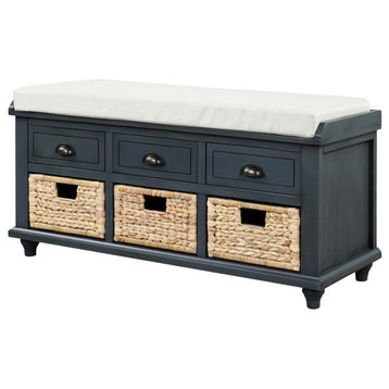 TATEUS 42" Rustic Storage Bench With 3 Drawers & 3 Rattan Baskets, Antique Navy