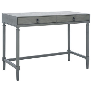Farmhouse Desk, Carved Legs & 2 Slender Storage Drawers With Ring Pulls, Grey