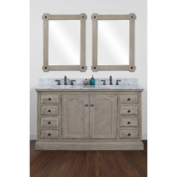 60" Solid Wood Sink Vanity With Round Sinks, Carrera White Marble Top