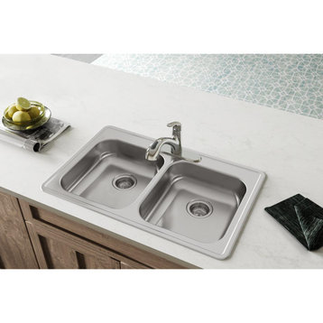 GE233213 Dayton Stainless Steel 33" x 21-1/4" Double Bowl Drop-in Sink