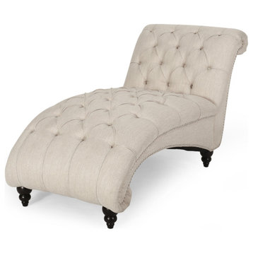 Meigs Varnell Contemporary Button Tufted Chaise Lounge, Beige + Walnut