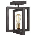 Visual Comfort Studio Collection - Finnegan Semi-Flush Mount, New World Bronze - The Feiss Finnegan one light semi flush fixture in new world bronze enhances the beauty of your home with ample light and style to match today's trends. Inspired by classic lanterns, the clean, geometric silhouette of the transitional Finnegan chandelier collection by Feiss features exquisite metal work and marries two new, contrasting finishes. The square tubing of the open frame in a New World Bronze finish is in dramatic contrast to the new Burnished Brass finish of the socket cups, which brighten and bring life to this mixed-material collection. This design will perfectly complement a wide range of decor from urban, eclectic loft spaces to clean, contemporary interpretations of Colonial or nautical decor to rich, European inspired space. This updated take on a classic lantern lighting collection includes a four-light, square chandelier, four-light tall foyer chandelier, seven-light linear chandelier, five-light linear chandelier, one-light mini-pendant light and a one-light wall sconce. The one-light wall sconce is Damp Rated.