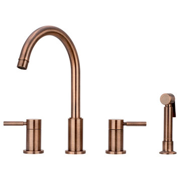 Two-Handles Copper Widespread Kitchen Faucet With Side Sprayer, Antique Copper