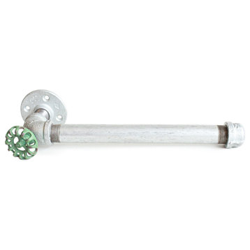 Industrial Pipe Paper Towel Holder, Green Knob, Galvanized Pipe