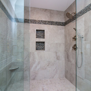 Contemporary Latte Vanity finish Bath Remodel w/ Bliss Mosaic tile wall accent