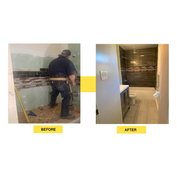 Rehabbed bathroom with new bath tub and modern back-splash.