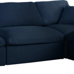 Meridian Furniture - Serene Linen Textured Fabric Deluxe Comfort 4-Piece L-Shaped Sectional, Navy - There's lots to love about the Serene linen textured deluxe cloud-like comfort modular collection, and this piece is not an exception. The soft navy linen textured fabric is cozy and sleek to the touch while the overstuffed down/feather cushions provide gentle support so you can relax and unwind like a VIP. Customize your seating with this modular set by adding the pieces you like most. Latches under each piece make it easy to snap them into position for a look that's modern yet welcoming.