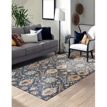 Hand-Knotted Wool Black Traditional Geometric Oushak Rug, 8'x10'