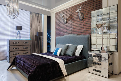Photo of an industrial master bedroom in Moscow with brown walls and white floor.