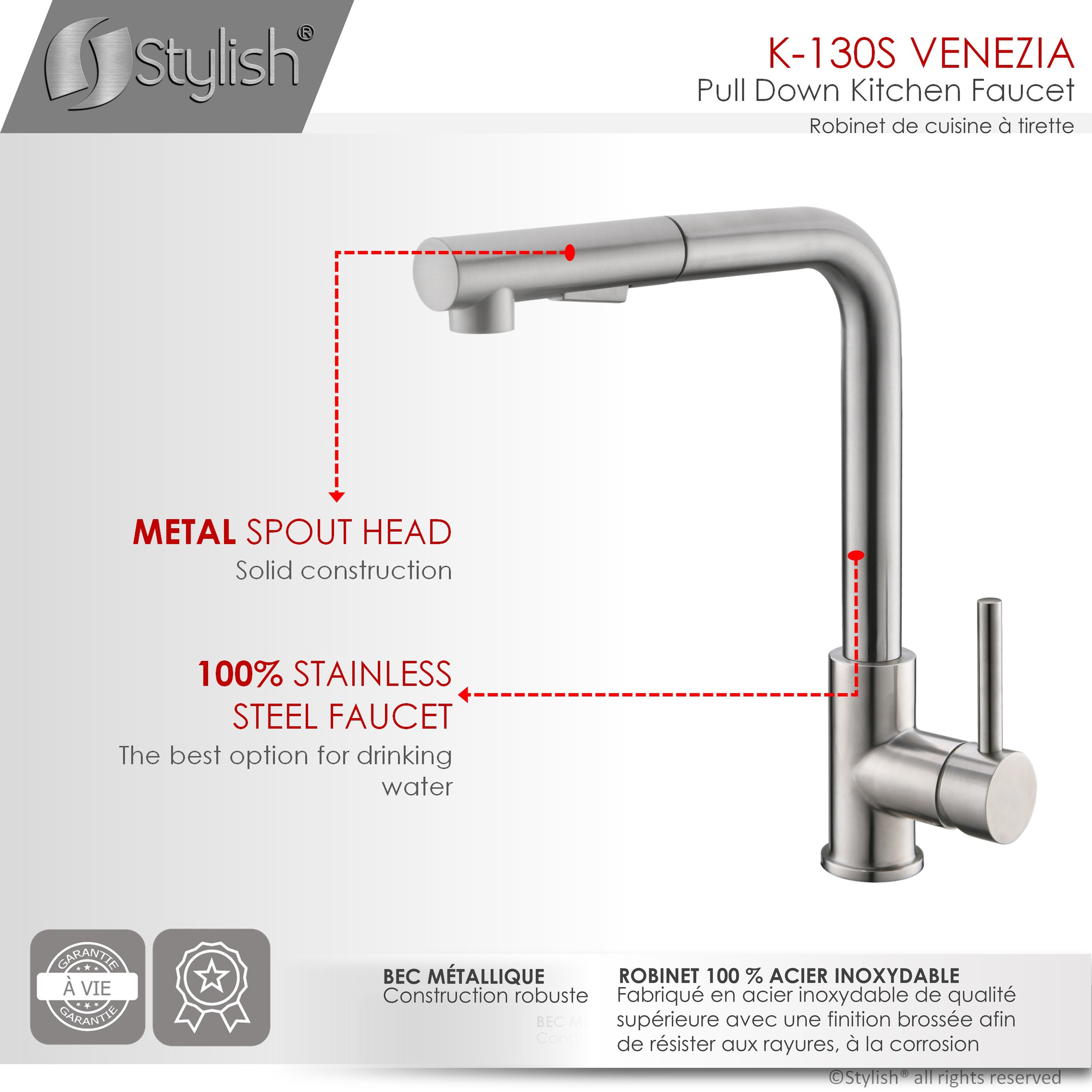 Stylish Pull Down Kitchen Faucet + Soap Dispenser Stainless Steel Finish