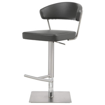 Modern Bar Stool, Square Stainless Steel Base With Faux Leather Seat, Dark Grey
