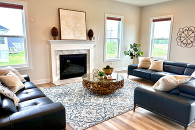 Example of a transitional light wood floor living room design in Philadelphia with beige walls and a stone fireplace