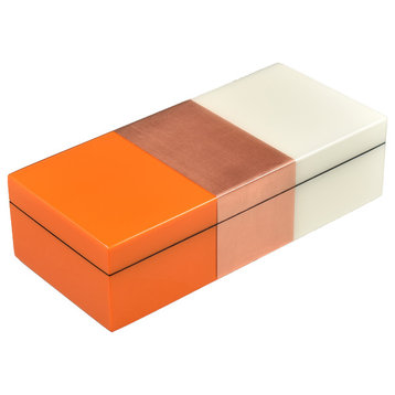 Lacquer Long Pencil Box, Orange, Copper Leaf And White