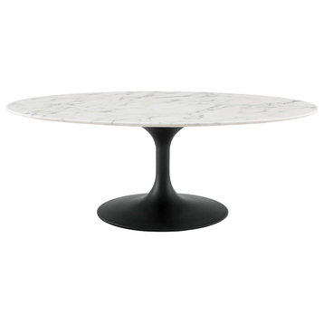 Living Lounge Oval Coffee Table, Artificial Marble Stone Metal, Black White
