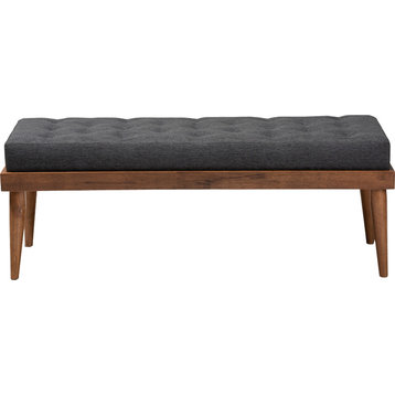 Mid-Century Modern Dark Grey Fabric Upholstered & Button Tufted Wood Bench