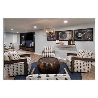 Retro Record Player Basement with Blue Accent Wall - Midcentury ...