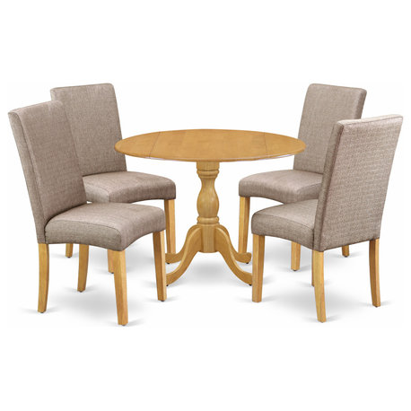 5 Pc Dining Set, Oak Wood Table, 4 Dark Khaki Chairs, High Back, Oak Finish