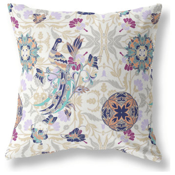 16" X 16" White And Purple Broadcloth Floral Throw Pillow