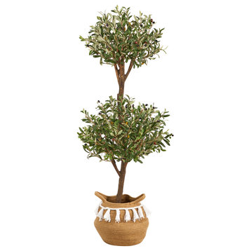 4.5ft. Artificial Olive Double Topiary Tree With Handmade Basket With Tassels