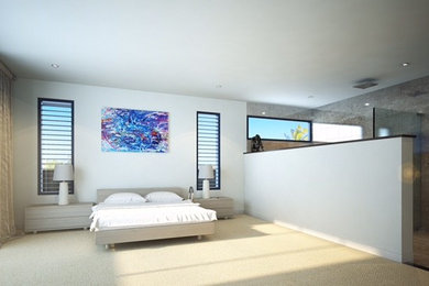 This is an example of a mid-sized modern master bedroom in Sunshine Coast with white walls, carpet, no fireplace and white floor.