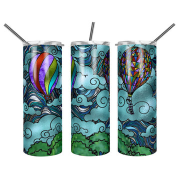 Hot Air Balloons Stained Glass Look 20 Oz Skinny Metal Tumbler w/Lid and Straw