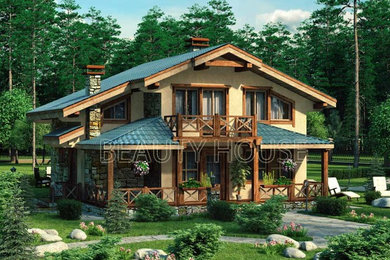 Стильный дизайн: двухэтажный дом среднего размера в скандинавском стиле с комбинированной облицовкой и двускатной крышей - последний тренд