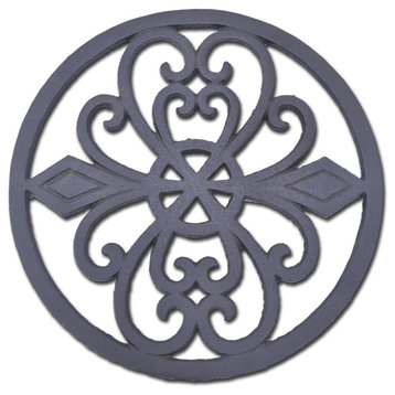 Decorative Round Cast Iron Trivet, Ornate Heart Design, 8" Wide