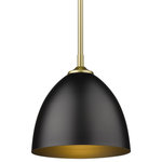 Golden Lighting - Zoey Small Pendant, Olympic Gold With Matte Black Shade - Golden Lighting's Zoey Collection is proof that simple can be beautiful. This elegantly utilitarian series has the chic versatility to enhance the style of a variety of spaces. The smooth lines of this minimalist design pair well with transitional to modern decors. The cleanness of the contemporary look gives the fixtures a slightly industrial feel. Zoey is offered in two sizes with three smooth finish options; Matte Black, Olympic Gold, and Pewter. The shades are available in three matte finishes; Matte Black, Matte Gray, and Matte White. The color of the shade's interior consistently matches the shade's exterior finish. The silhouette of the metal shade is a modern update to the classic dome shape. This small pendant can be hung alone or arrayed in a group.