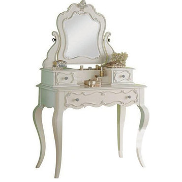 Benzara BM284042 Wood Classic Vanity Desk With Mirror, 3 Drawers, Carved, White
