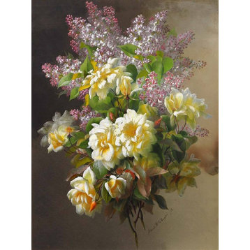 Tile Mural Still Life Bouquet Of Yellow Roses and Lilac, 6"x8", Matte