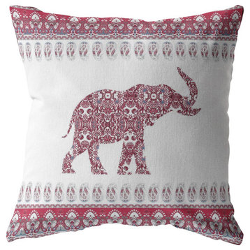 16" Red White Ornate Elephant Indoor Outdoor Throw Pillow