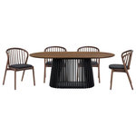 Armen Living - Pasadena Echo 5-Piece Oval Dining Set, With Walnut Black Finish - Enhance your dining space with the Pasadena Echo 5 Piece Oval Dining Set. This 5-piece dining set includes 1 Pasadena oval dining table and 4 Echo dining chairs with faux leather upholstery. The versatile chairs merge style and functionality, making them a perfect addition to your dining room, kitchen, accent, or vanity chairs. Crafted with precision and a keen eye for detail, the Echo dining chairs showcase a stunning combination of wood and easily maintained faux leather upholstery. The Windsor style chair back and angular frame creates a timeless silhouette. This modern design not only guarantees durability but also imparts a timeless aesthetic, making these chairs an ideal choice for those seeking a cohesive and refined furniture set. With a generous tabletop length of 79 inches and a width of 43 inches, this dining room table features a beautiful solid wood base and concrete bottom for added stability. The retro allure of mid-century design is present in the slatted pedestal base, further elevating its appeal, whilst lending its unmistakable character and attractive, architectural-like quality. This oval dining set can be used in formal or casual dining settings. The Pasadena Echo dining set is available in an all-black finish with black faux leather upholstery, a black finish table with walnut chairs and black faux leather upholstery, or a black base table with walnut tabletop and chairs with black faux leather upholstery.