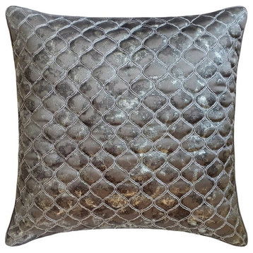 Grey & Silver Jacquard Silk Lattice, Trellis Quilted 20"x20" Pillow Cover - Reza