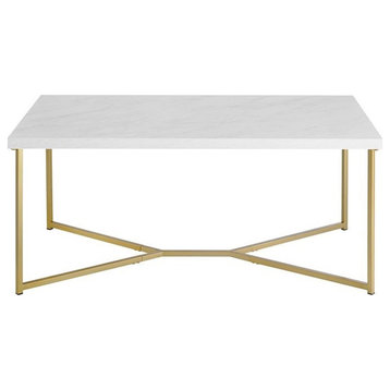 Walker Edison Rectangle Modern Faux Marble and Metal Coffee Table in White/Gold