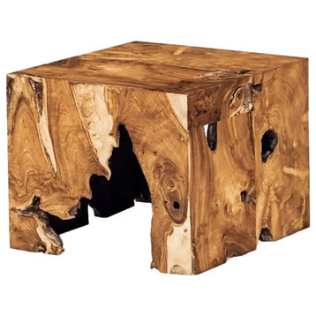 Wood Slice End Table Bunching Cube 14 in Solid Teak Live Edge Square Block, Medium