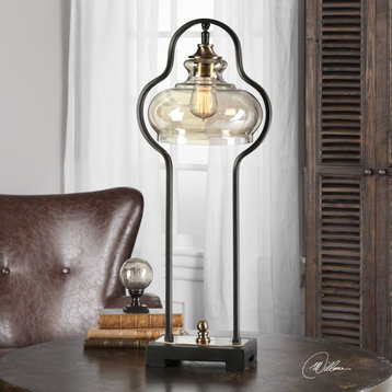 Curved Bronze Black Industrial Iron Table Lamp, Amber Glass Vintage Style Retro