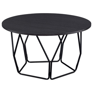 Unique Coffee Table, Geometric Black Metal Base With Round Espresso Wooden Top
