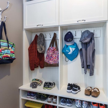 Entry Way or Mudroom With Shelving, Hooks, Baskets And Shoe Bench
