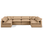 Meridian Furniture - Indulge Upholstered Modular U-Shaped Sectional, Tan, 6-Piece: 4 Armless Chair, 2 Corner Chair, Fiber Stuffed Vegan Leather - Experience ultimate comfort and style with our tan vegan leather Indulge Sectional. The luxurious vegan leather will elevate the aesthetic of any room. This sofa provides ample space for you to relax while its modular build offers the option of unlimited configurations. Whether you're looking to add a stylish element to your living room or a comfortable seating option to your bedroom, this sofa is the perfect choice.