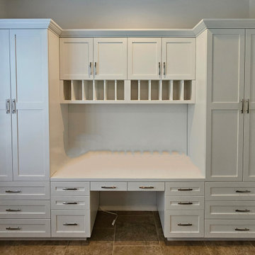 Custom Built-In Shaker Cabinetry with Desktop, Open Cubbies, Wardrobe Storage