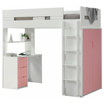 White And Pink Twin Loft Bed And Desk