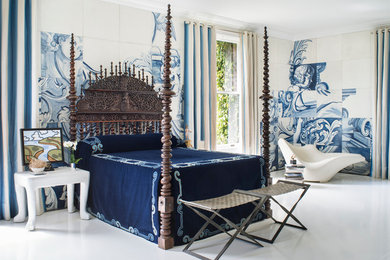 Example of a large trendy master bedroom design in San Francisco with multicolored walls