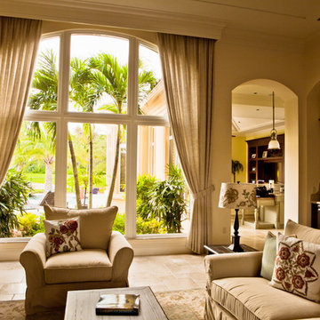 Traditional Linen Draperies make this Living Room Warm and Inviting