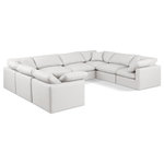 Meridian Furniture - Indulge Upholstered Modular U-Shaped Sectional, Cream, 8-Piece: 4 Armless Chair, 4 Corner Chair, Fiber Stuffed Vegan Leather - Experience ultimate comfort and style with our cream vegan leather Indulge Sectional. The luxurious vegan leather will elevate the aesthetic of any room. This sofa provides ample space for you to relax while its modular build offers the option of unlimited configurations. Whether you're looking to add a stylish element to your living room or a comfortable seating option to your bedroom, this sofa is the perfect choice.