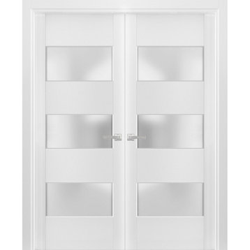 Solid French Double Doors 36 x 80 Frosted Glass 3 Lites, Lucia 4070 White Silk