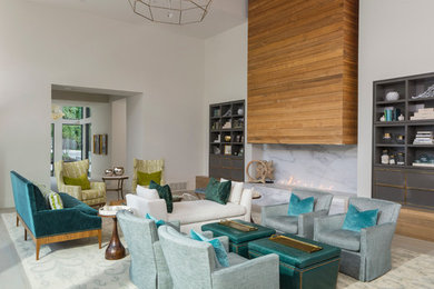 Example of a large trendy open concept light wood floor and gray floor family room design in Salt Lake City with white walls, a ribbon fireplace, a stone fireplace and no tv