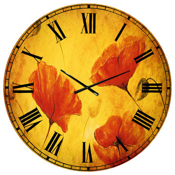 Red Poppy Flower Floral Round Metal Wall Clock, 36x36