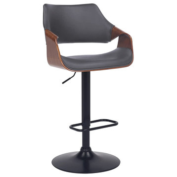 Elegant Bar Stool, Curved Walnut Frame With Grey PU Seat and Open Back, Black